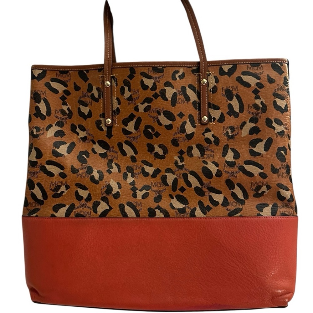 💎 RARE MCM (+COA) Limited Ed Aren Leopard Visetos Tote with Orange Leather Trim - Picture 4 of 14